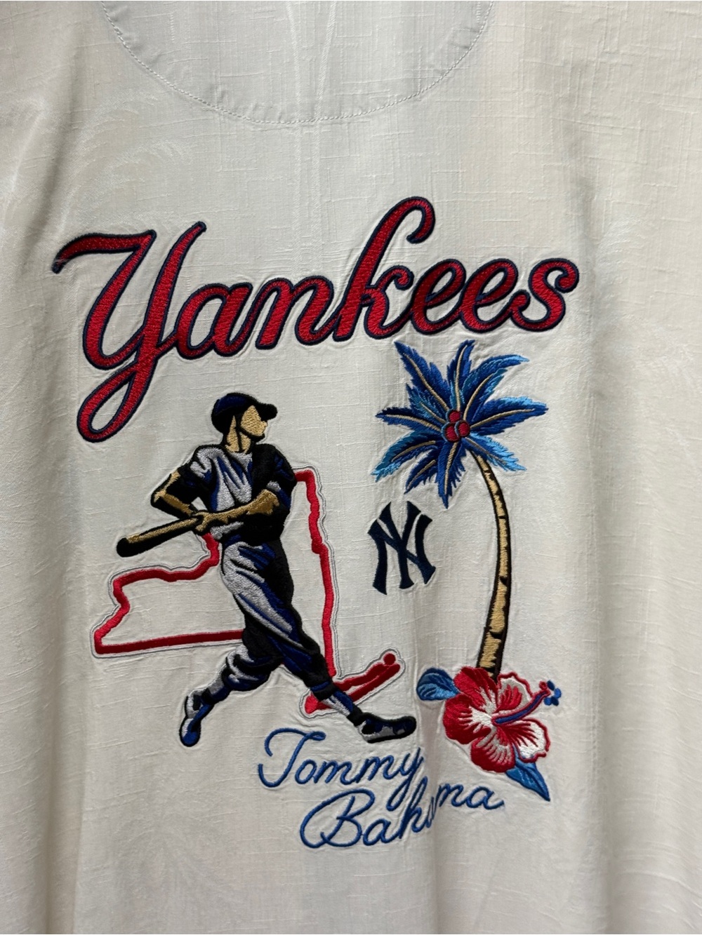 Tommy Bahama White Yankees Embroidered Baseball Tee with Red & Blue Accents